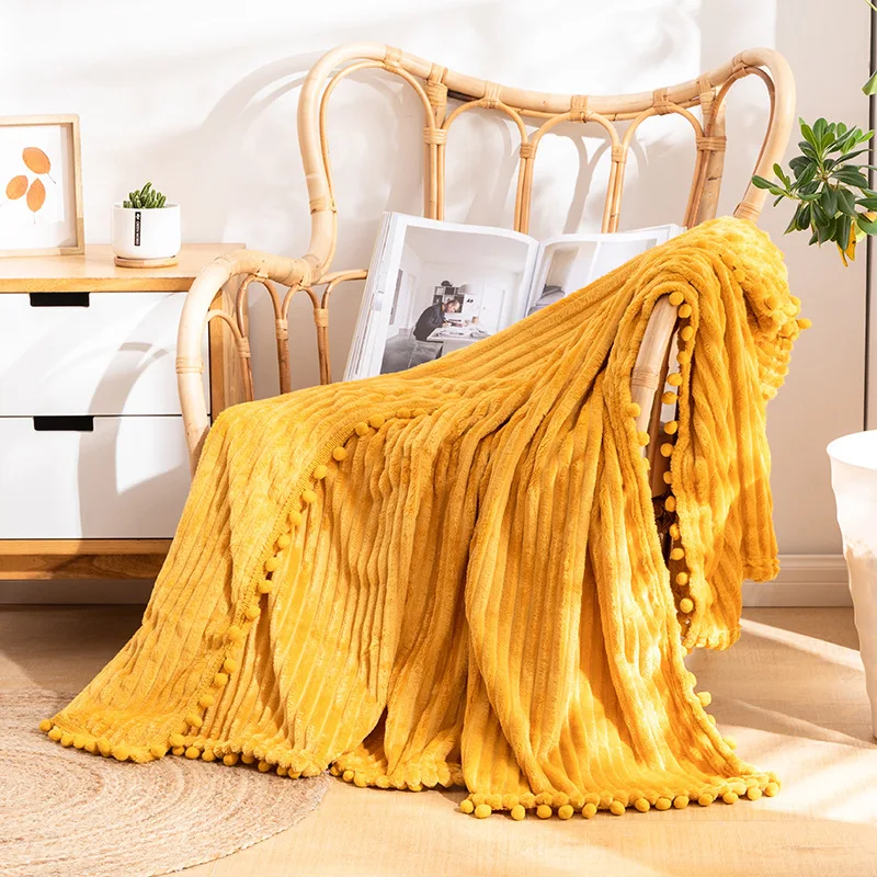 Fleece Throw Blanket Couch with Pom Pom Fringe Soft Cozy Fuzzy Flannel Blankets for Sofa Bed Large Lightweight Plush All Seasons