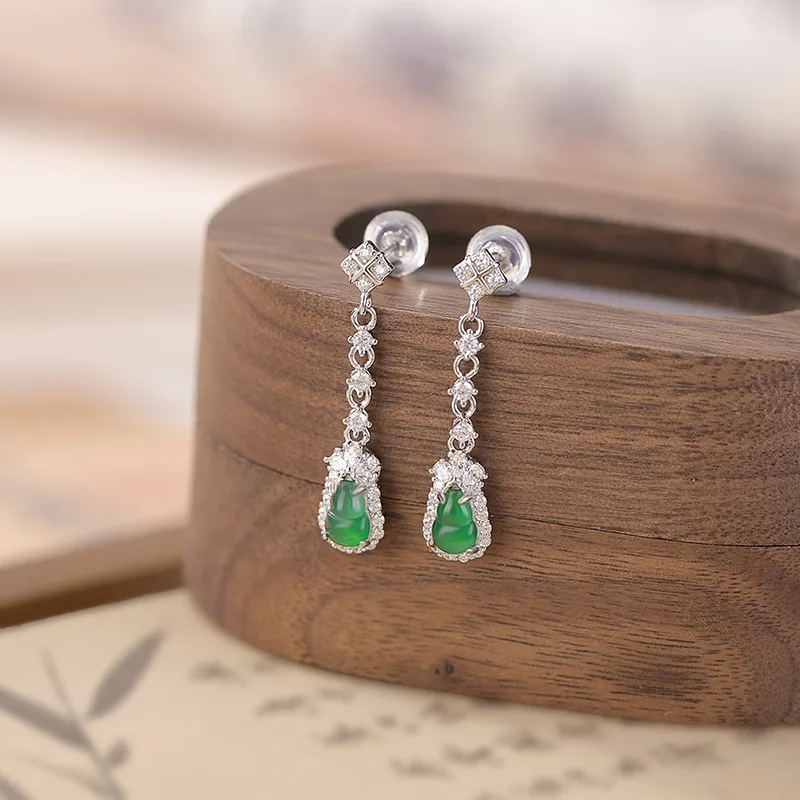 

S925 Sterling Silver Green Jade Lucky Gourd Long Earrings