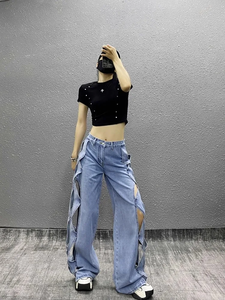 Lalies Denim Pants Fashion Streetwear Y2k Hollow Out Jeans Women High Waist Wide Leg Blue Denim Trousers Elegant Party Jean2025