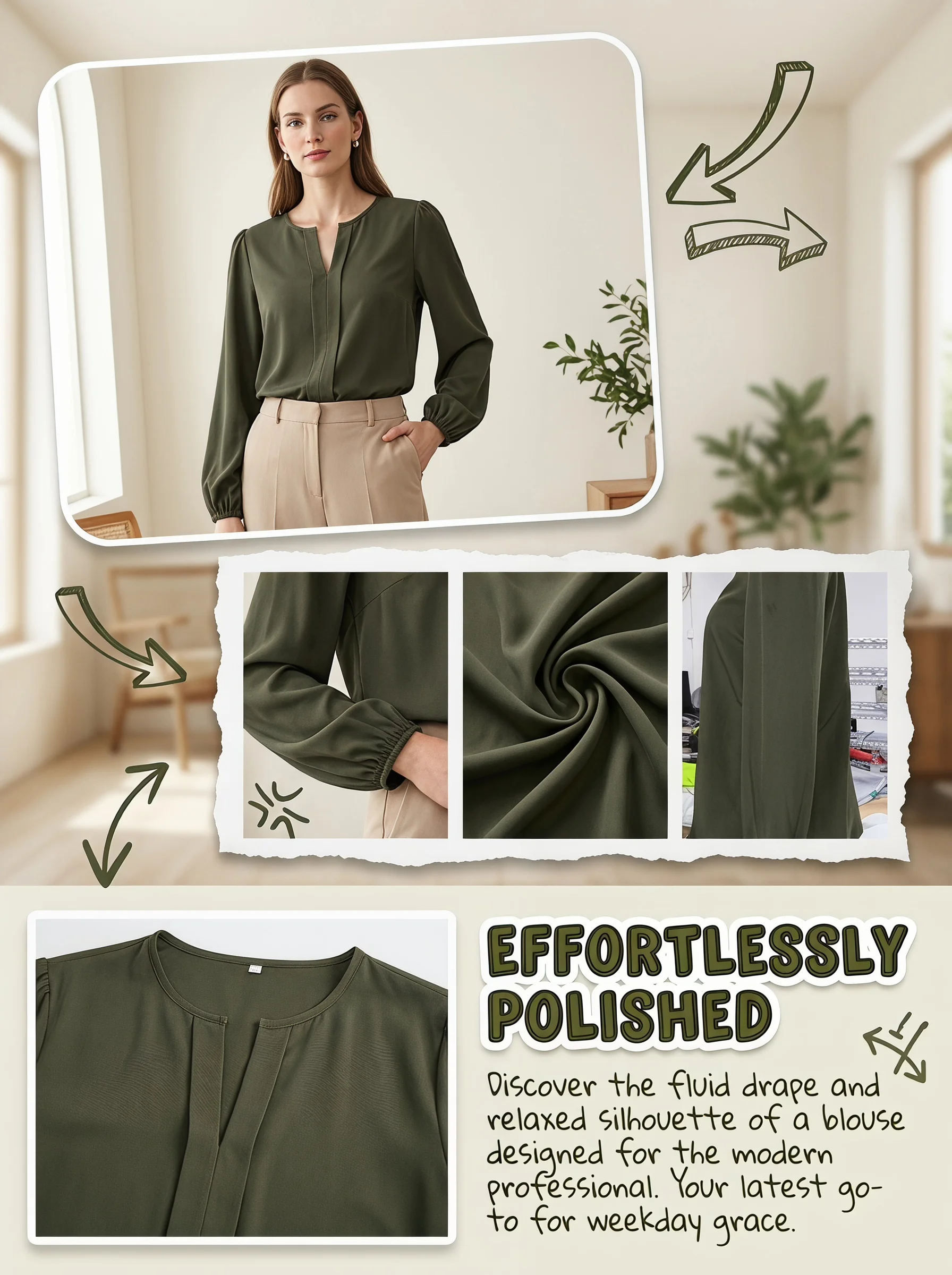 Gadinus Women Solid Color Round Neck Long Sleeve Blouse Loose Fit Casual Office Shirt Elegant Lantern Sleeve Top
