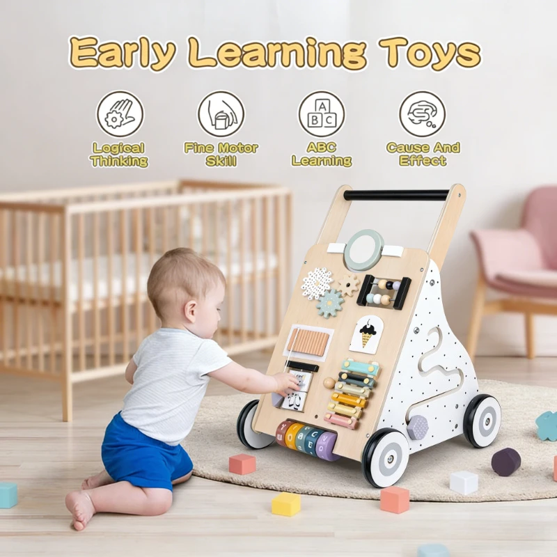 IMBABY Multifunctional Wooden Baby Walker | Activity Center with Educational Toys, Push Walker for Toddlers 1-3 Years Old