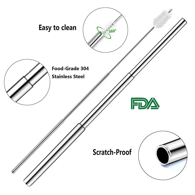 Stainless Steel Telescopic Drinking Straw Portable straw For Travel Reusable Collapsible Metal   With Brush