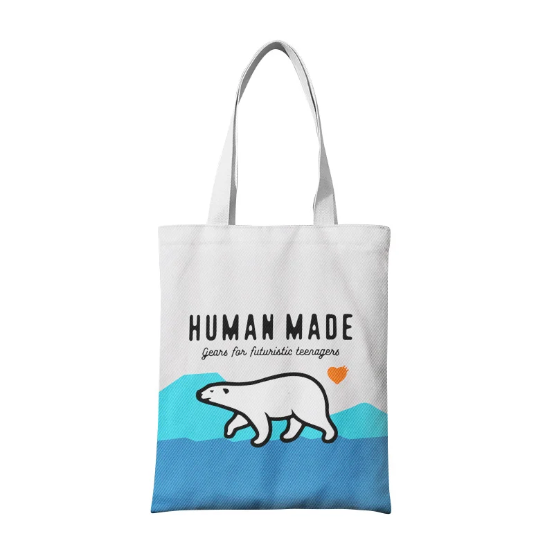 

human made polar bear canvas crossbody bag large capacity with inner pocket zip closure cartoon shopping tote