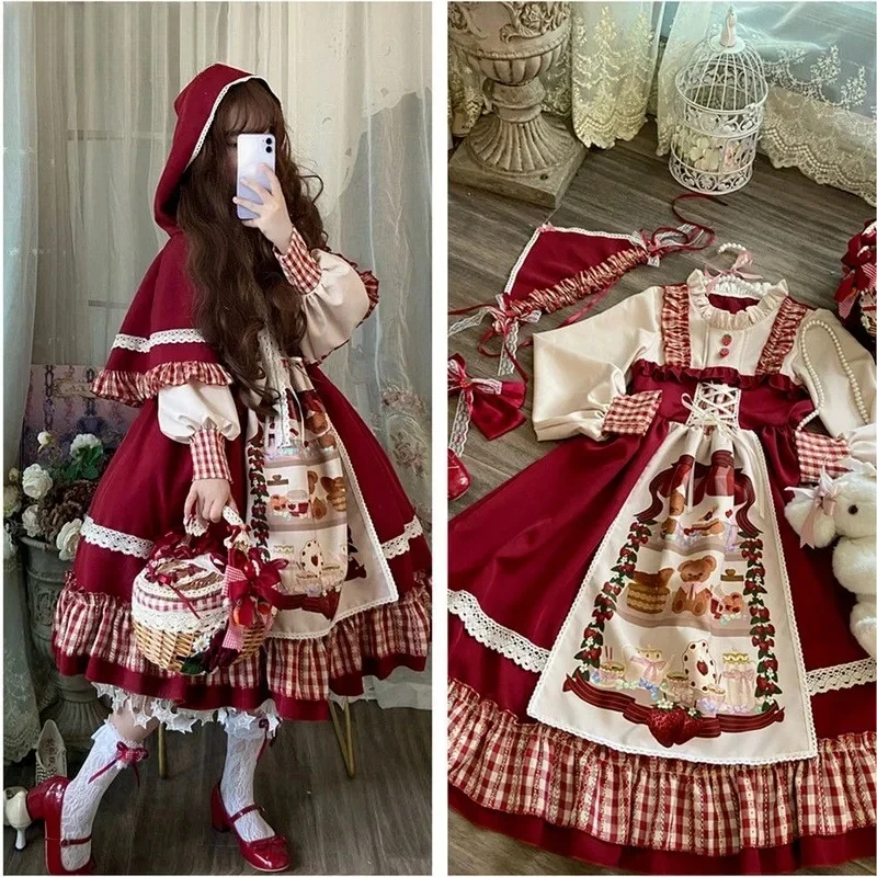 

Christmas Lolita Dress Kawaii Women New Year 2025 Sweet Lace Ruffle Patchwork Puff Long Sleeve Red Princess Plaid