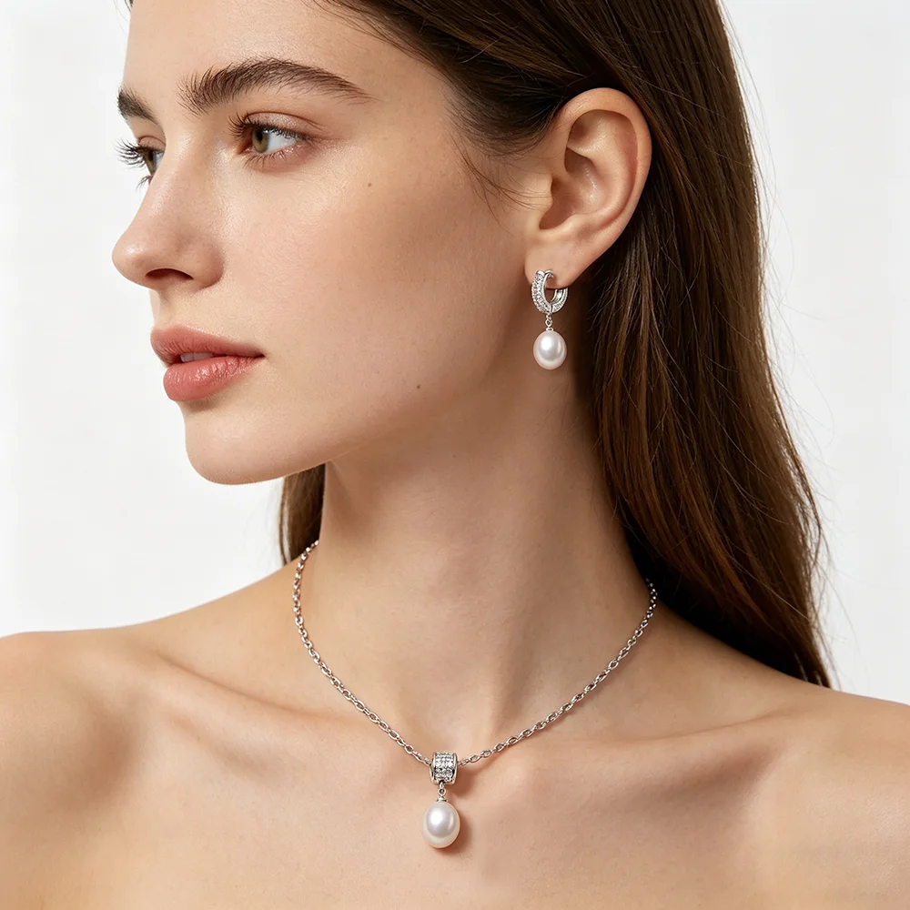 Original-Set mit Halskette und Ohrringen aus natürlichen Süßwasserperlen für Damen, zartes Perlen-Ohrring-Set aus 925er Silber, Mutter-Geburtstagsgeschenk, Weiß – Detail 1