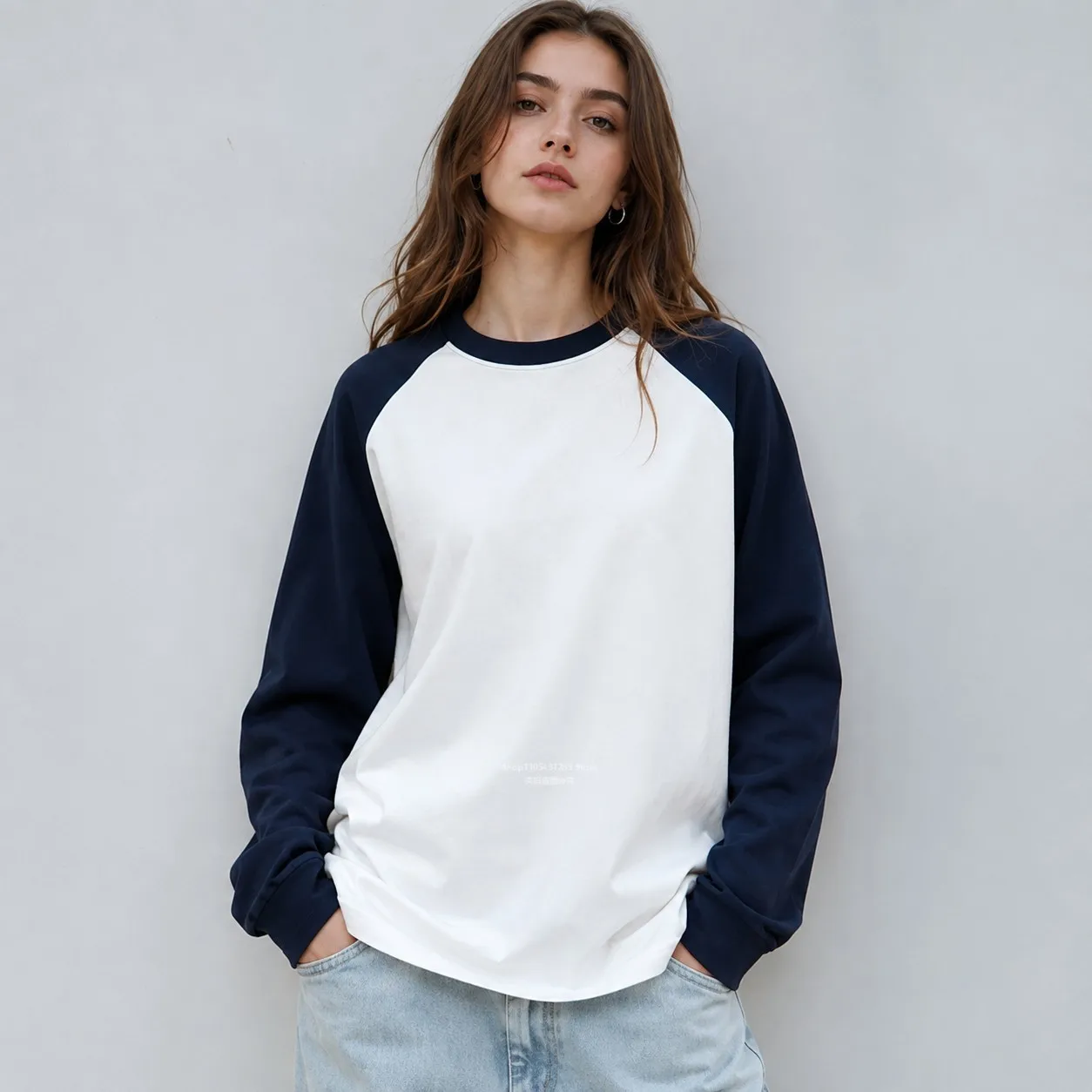 220G Cotton Women Long Sleeve T Shirt Raglan Color Block Crew Neck Loose Fit Baseball Tee Casual Daily Streetwear Autumn Top