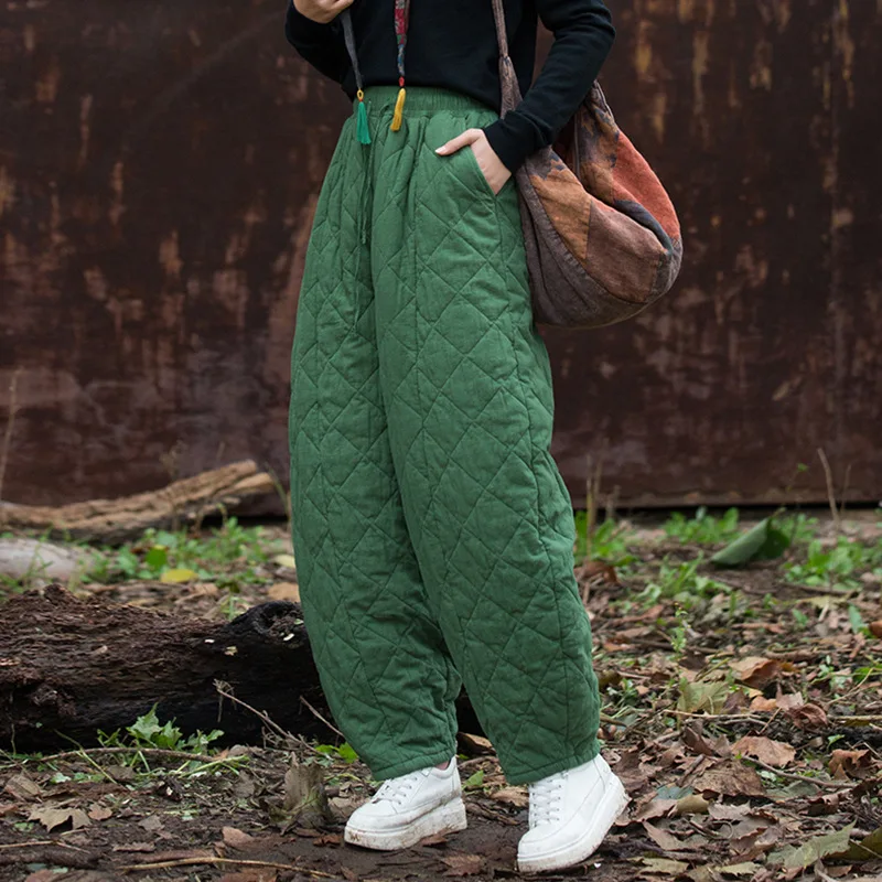 Winter Warm 100% Cotton Pants Women's New Quilted Thicken Pattern Dad Pants Harajuku Literary Loose All-match Harem Pants Women