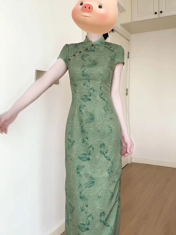 新しい中国風グリーンチャイナドレス女性の夏のナショナルプリントエレガントなウエストシンチスプリットボディコンミディスカート