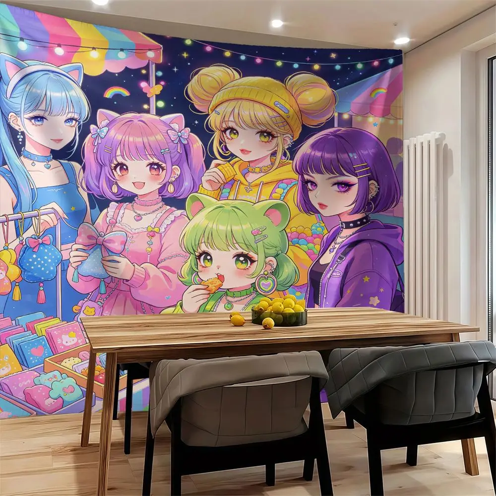 Terrace Afternoon Tea Cat Ear Girls Digital Print Tapestry Wall Hanging Tapestries Wall Blanket Leisure Bedroom Backdrop Decor