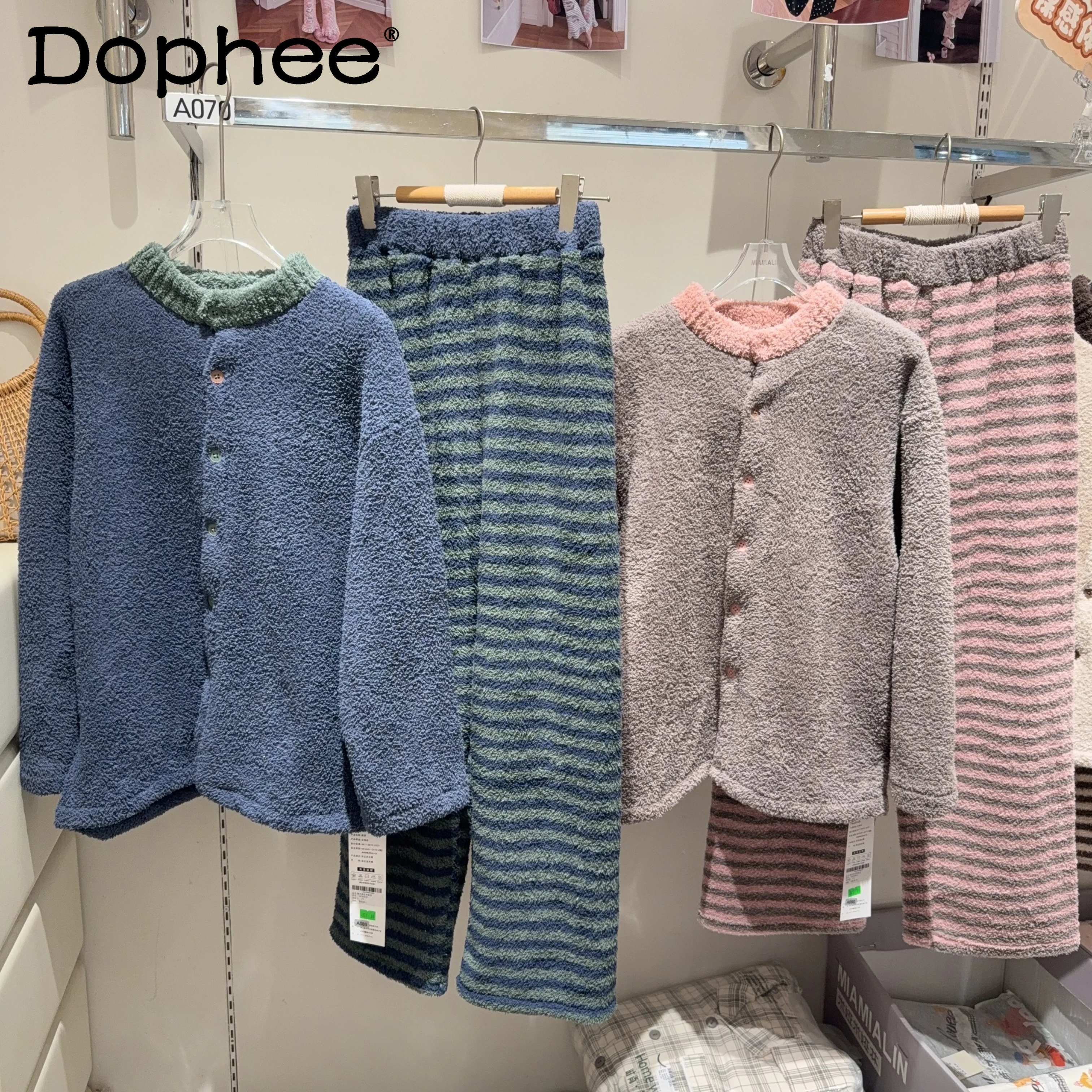 pyjama-chaud-d'hiver-pour-femmes-en-molleton-de-corail-raye-epais-simple-boutonnage-ample-decontracte-confortable-ensemble-de-vetements-de-maison