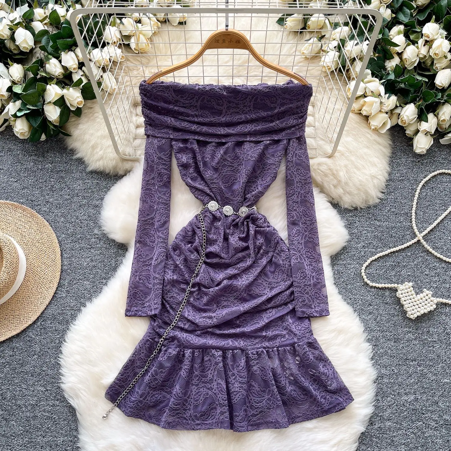 

Women Ruffle Dresses Solid Dress Lace Up Pleated Slash Neck Long Sleeve Knee Length Cinched Empire Waist Casual Slim 2025 Autumn