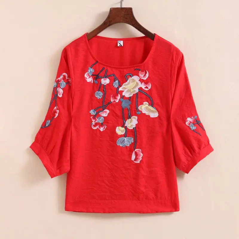 2024 New Summer Retro Ethnic Style Fashion Versatile Loose Round Neck Three Quarter Printed Embroidery Women's T-shirt Top