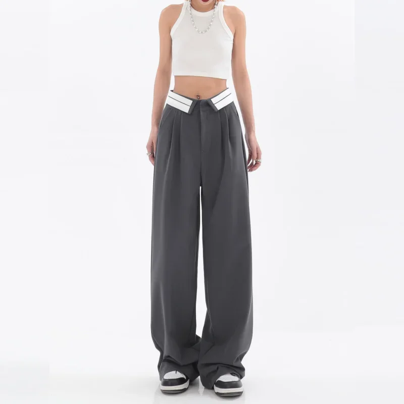 Women\'s Suit Pants High Waist Casual Grey Solid Simply Style Fashion Streetwear Y2k Design Baggy Soft Wide Leg Trousers Female