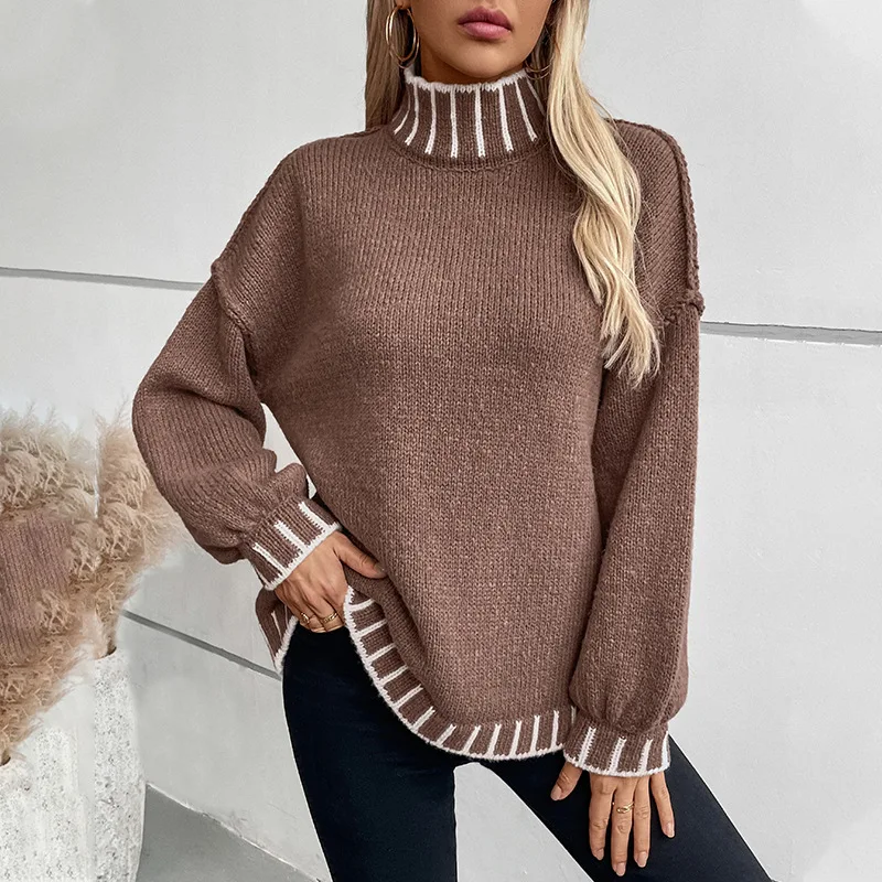 Women's Striped Turtlene Sweater Loose plus Size Knit Top Long Sve Autumn Faion Ladies' Sweater Comfortable Fit Knitwear