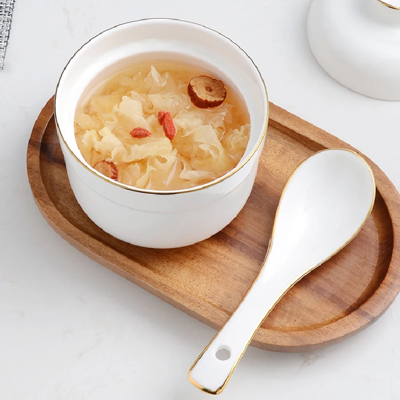 Round Gold-painted Soup Cup Steamed Bowl with Lid Stew with Tray Spoon Bird's Nest Sea Cucumber Steamed Egg Cup Dessert Stew Pot