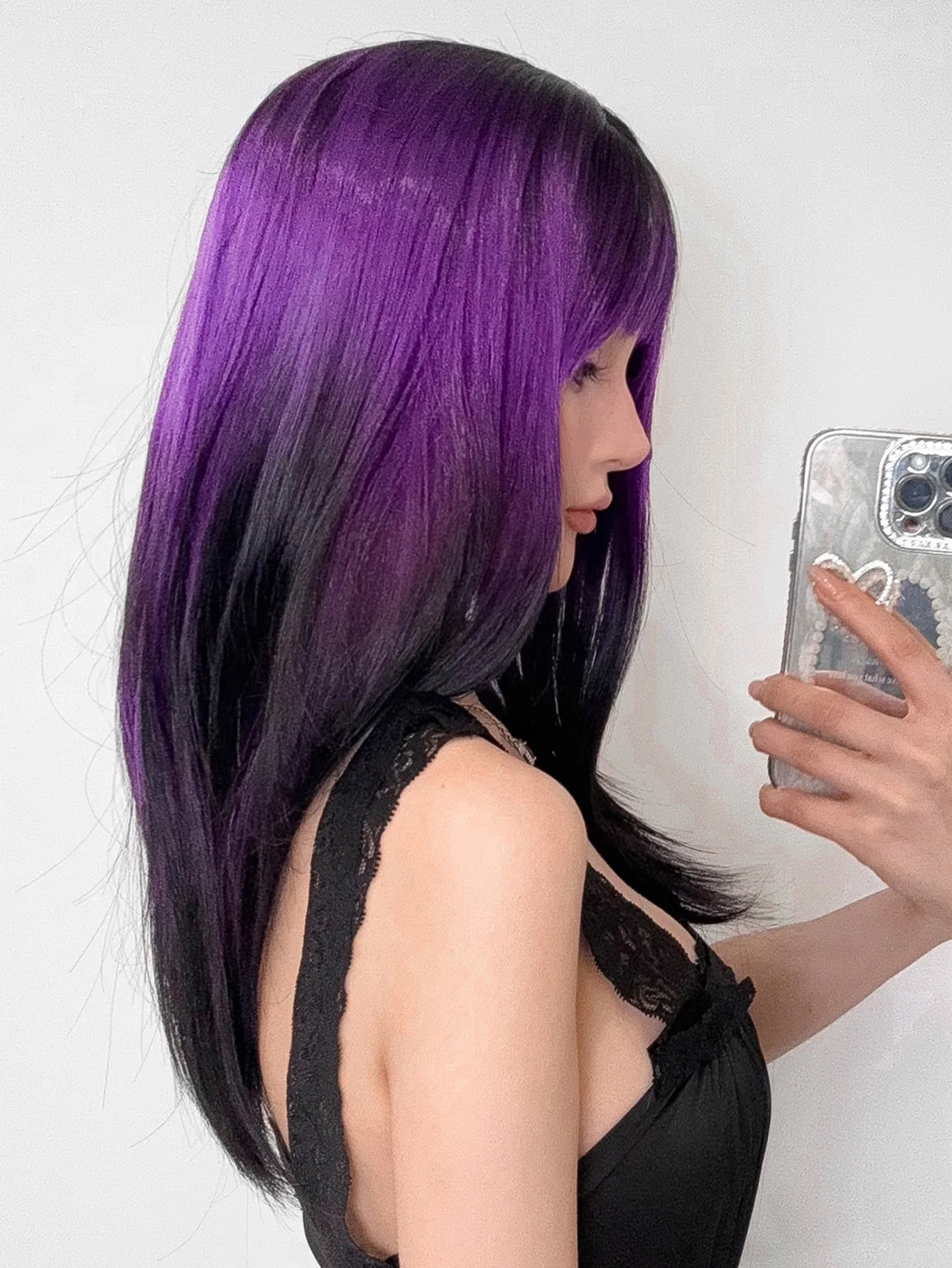 HENRY MARGU Ombre Purple Layered Synthetic Wig with Bangs Long Straight Wig Dark Roots Purple Wig Heat Resistant Fiber Daily Use