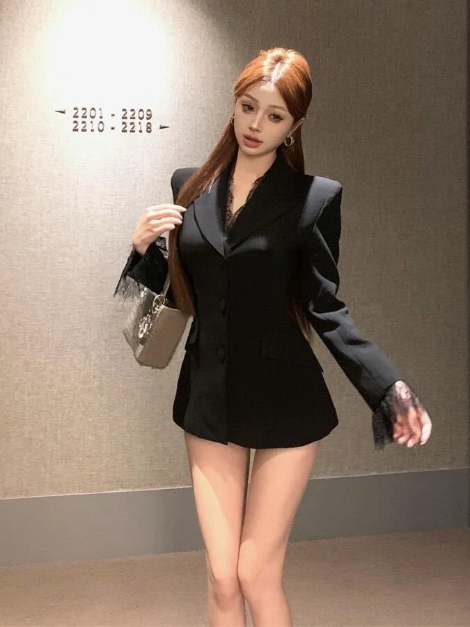 

Sexy Slim Fit Lace Patchwork Bla Suit Jaet High Waist Single Button Workwear Faionable Autumn Winter Coat for Women