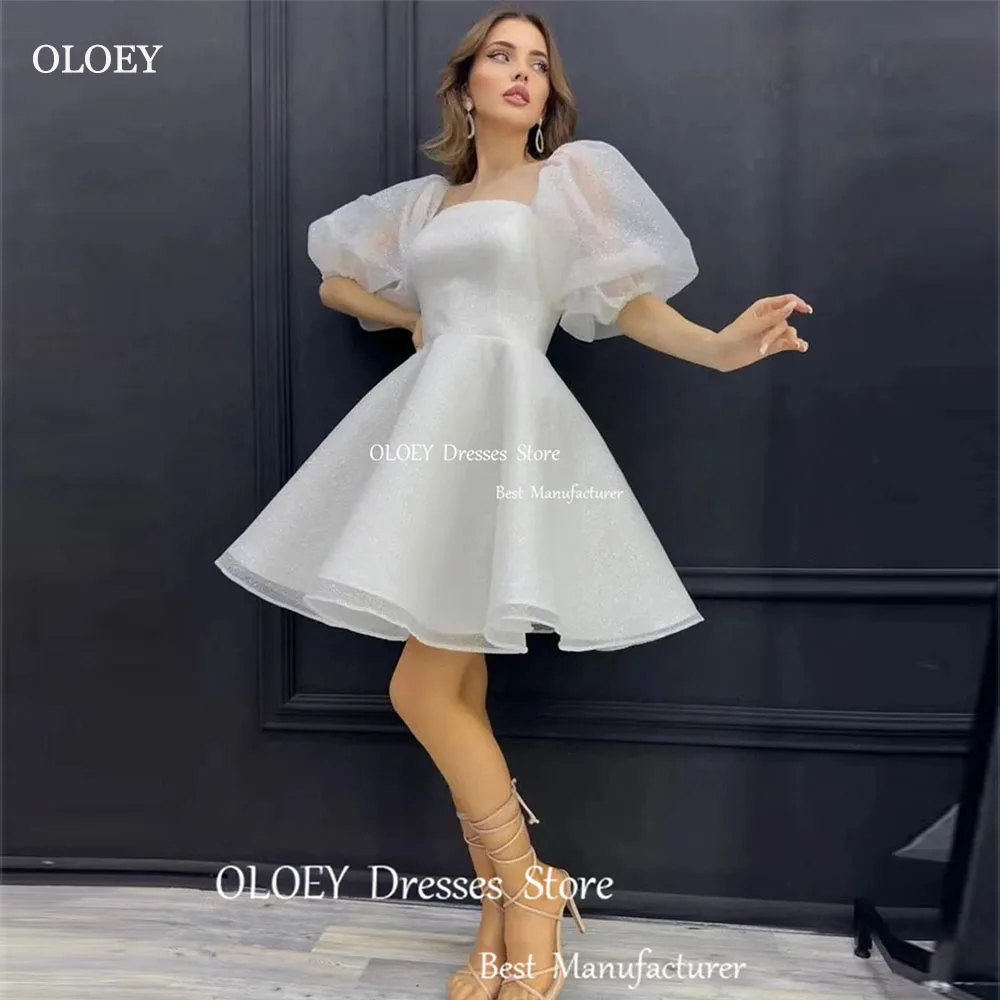 

OLOEY Simple White Shiny Organza A Line Short Wedding Dress Mini Length Puff Short Sleeve Square Collar Formal Bride Gowns