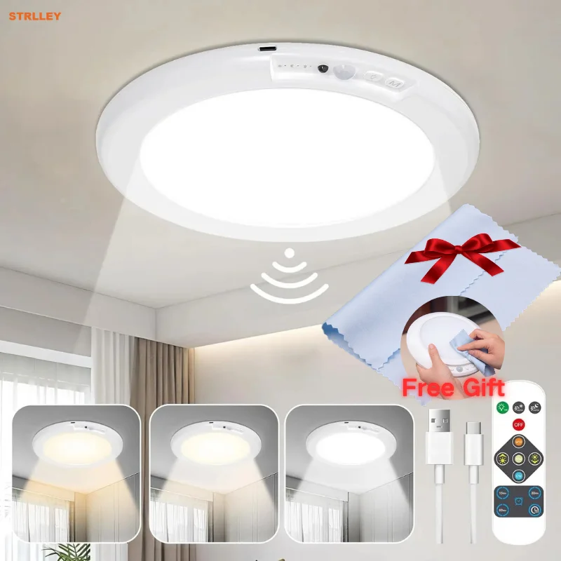 Image of Bewegungssensor LED-Deckenleuchte mit Fernbedienung USB-Aufladung Magnetische Installation Rund für Treppe Schlafzimmer Schrank Nachtlampe