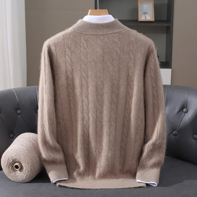 Casual and versatile semi-high-neck zipper knit sweater 100 pure mink cashmere sweater men's thick warm pullover autumn winter