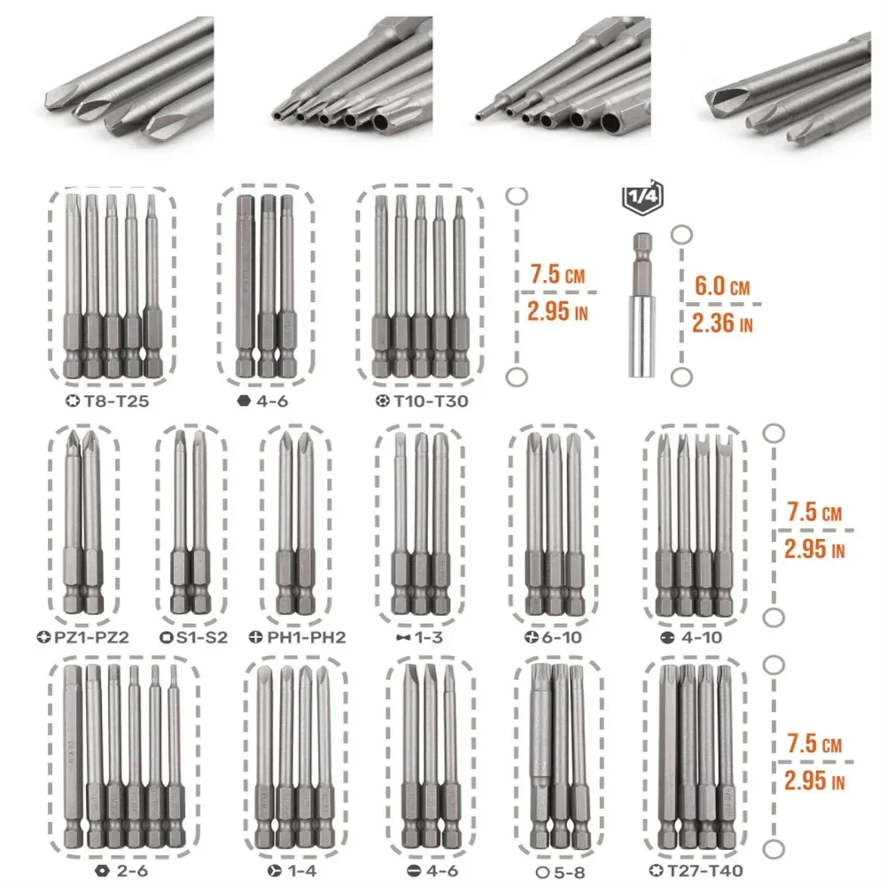 50pcs Magnetic Screwdriver Bit Set With Storage Box 75mm Ultra Long High  Vanadium Strength ChromiumSteel Drill Bits Set