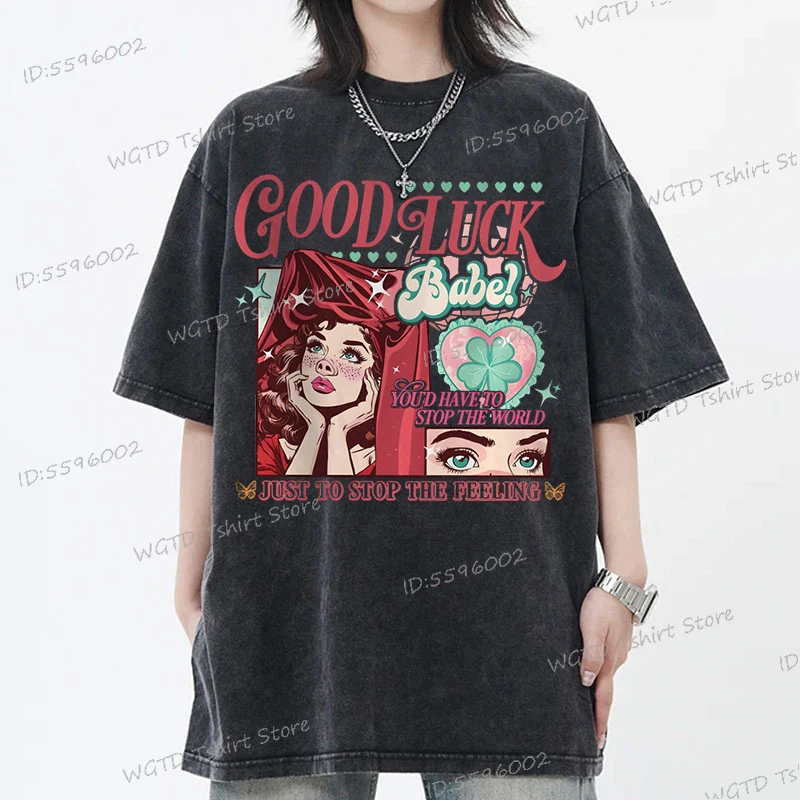 Good Luck Babe Shirts for Women Singer Chappell Roan Vintage Washed Casual Tops Concert Gift Cartoon Cotton Short Sleeve T-shirt