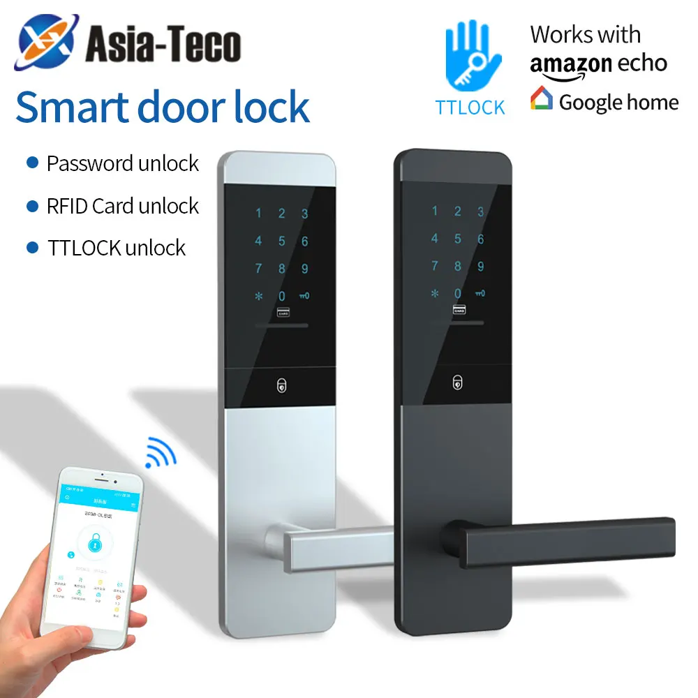 TTLOCK-Serrure de porte intelligente Bluetooth, déverrouillage à distance par téléphone, carte RFID magnétique, mot de passe temporaire, mot de