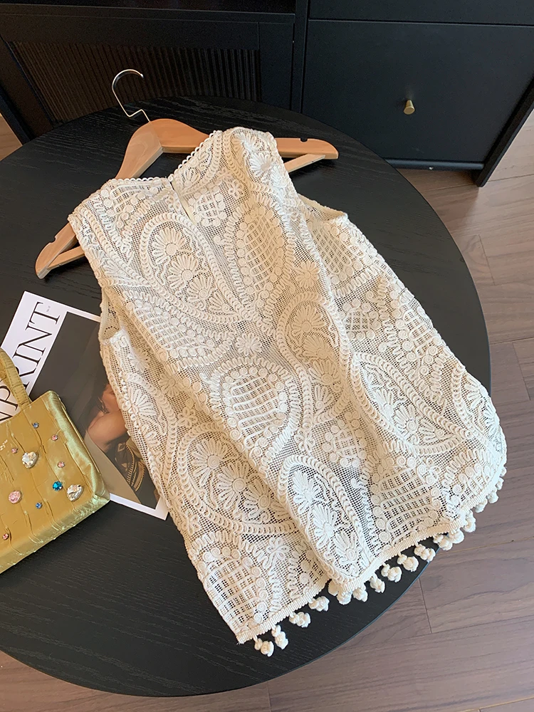 

Тяжелый кружевной жилет с бахромой, женский летний жилет 202, новый праздничный тонкий вязаный топ, корейский прямой топ-труба Ape