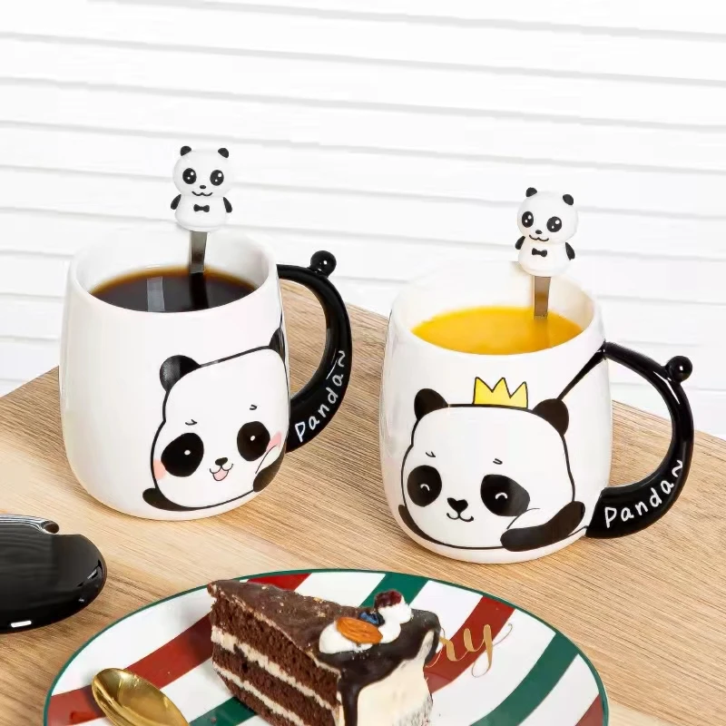 Ceramic 3D Panda Coffee Mugs with Lids Spoons New Cartoon Retro Milk Couple Cups Drinkware Business Gifts Kitchen Bar Supplies