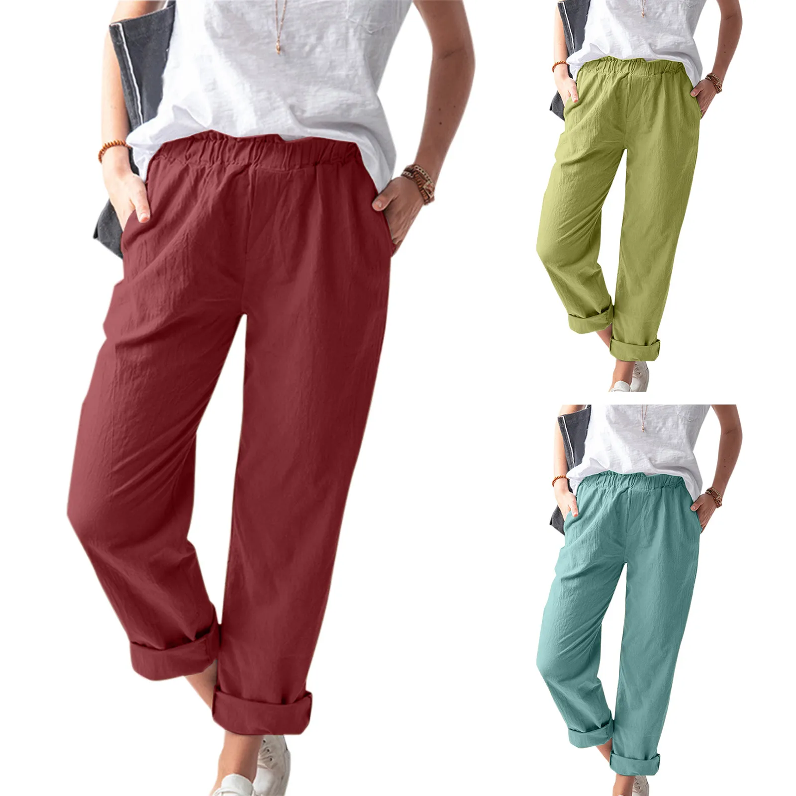 

2024 New Women'S Cotton And Linen Pants Wish Solid Color Casual Elastic High Waist Straight Trousers Casual Cotton Trousers