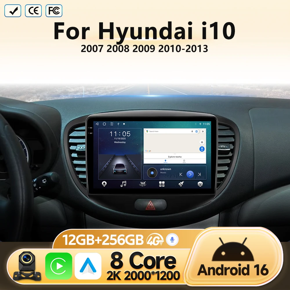 Android 16 For Hyundai i10 2007 2008 2009 2010-2013 GPS Navigation Multimedia Video Player Stereo Car Radio Head Unit No 2 Din
