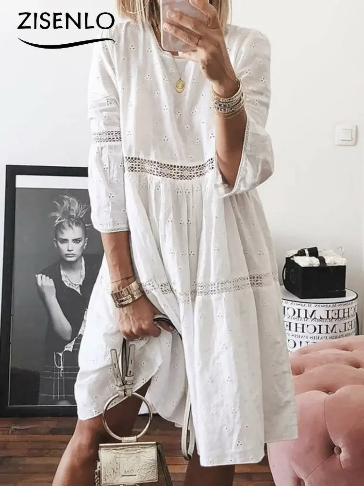 

Women's Dress Summer New Lace Stitching Hollow Embroidered Seven-part Sleeve Dress Cheap Casual Woman Dresses Party Vestidos