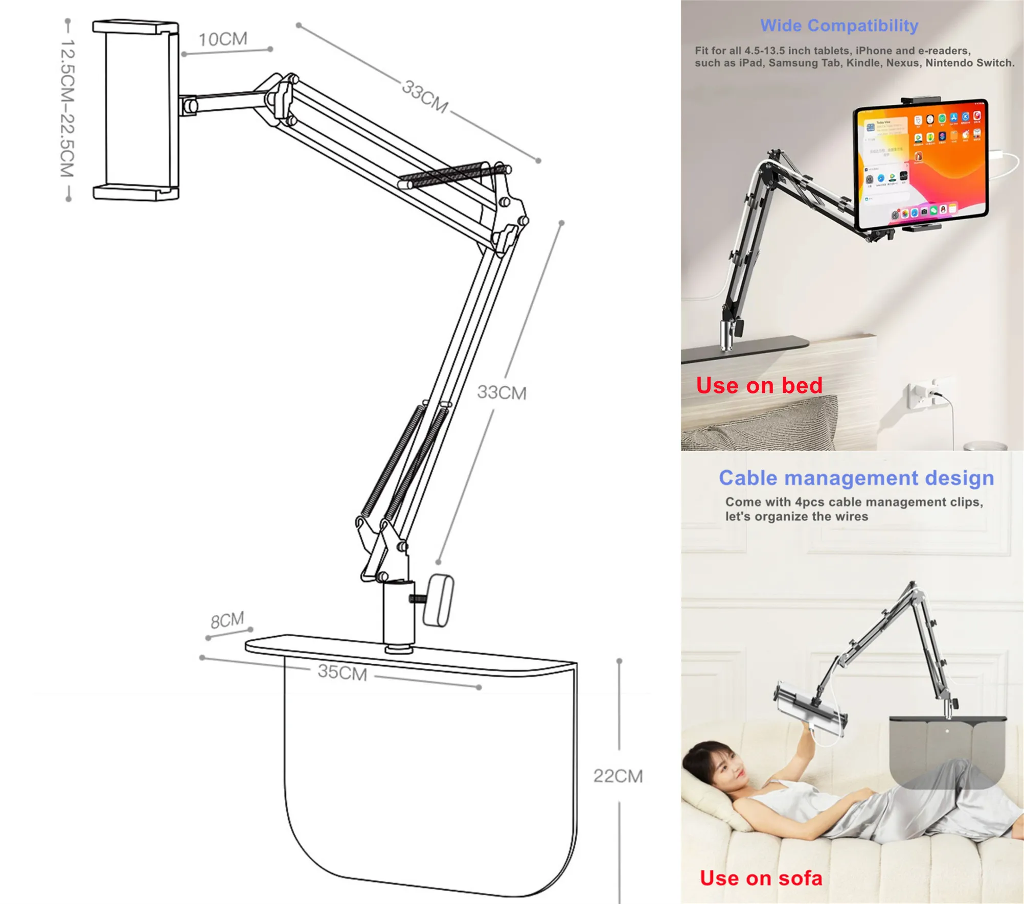 Hidden Bedside Mobile Phone Tablet Universal Bracket Holder Two Ways Install, Bed Sofa Adjustable 4-13\'\' Iphone Ipad Stand