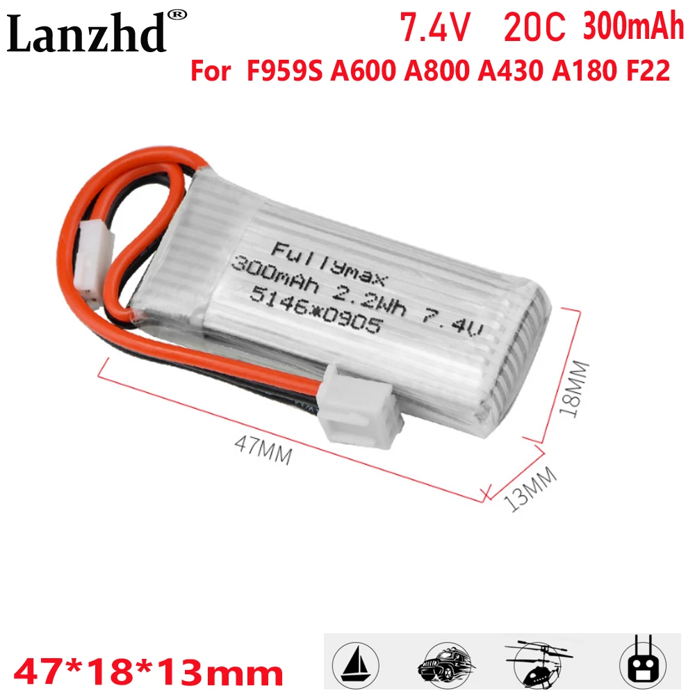 7.4V 20C Model aircraft battery For Sivira F959S A600 A800 A430 A180 F22 Glider 300mah