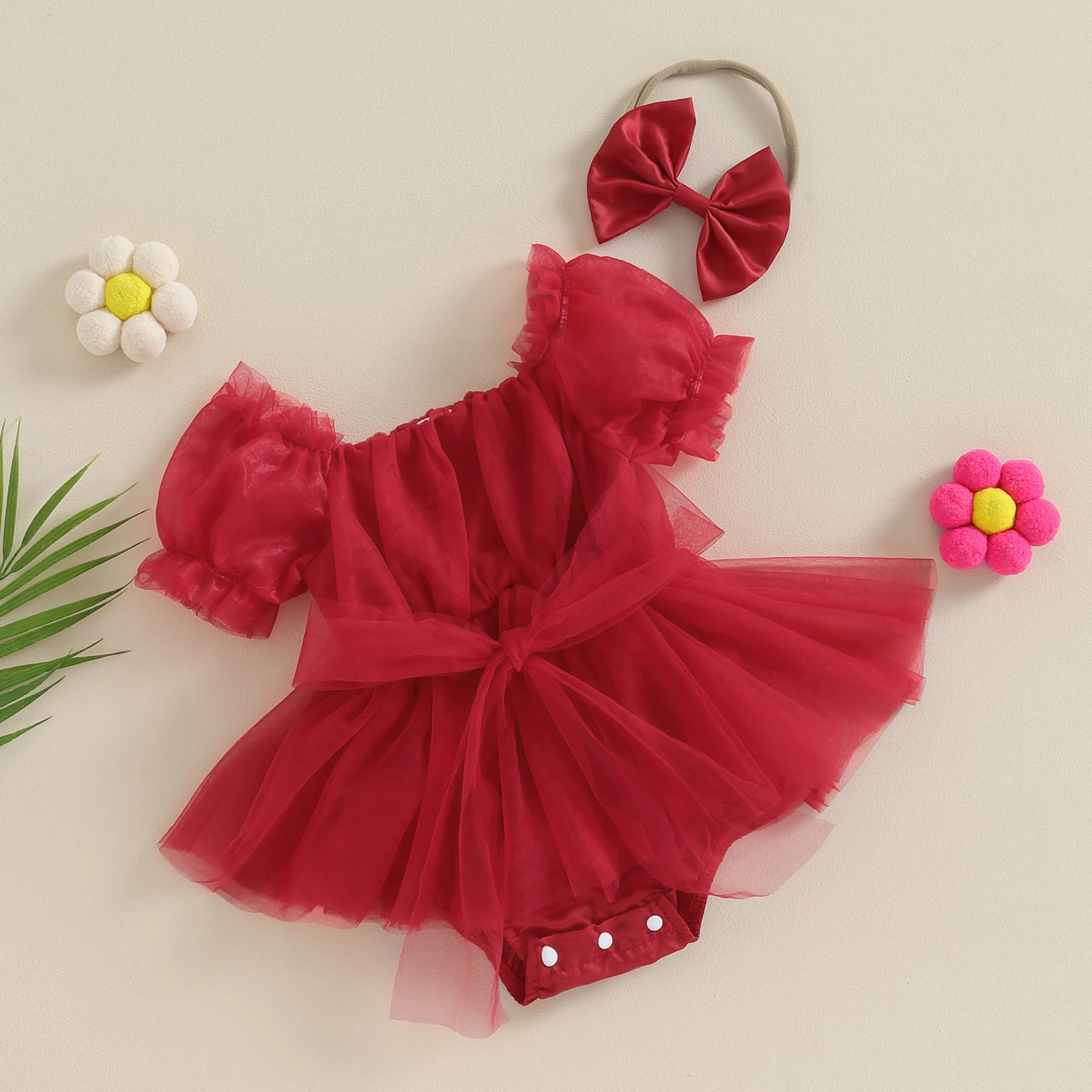Toddler Baby's Clothes Girls Summer Casual Romper Dress Short Sleeve Bow Tulle Romper with Headband Children's Clothing image 2