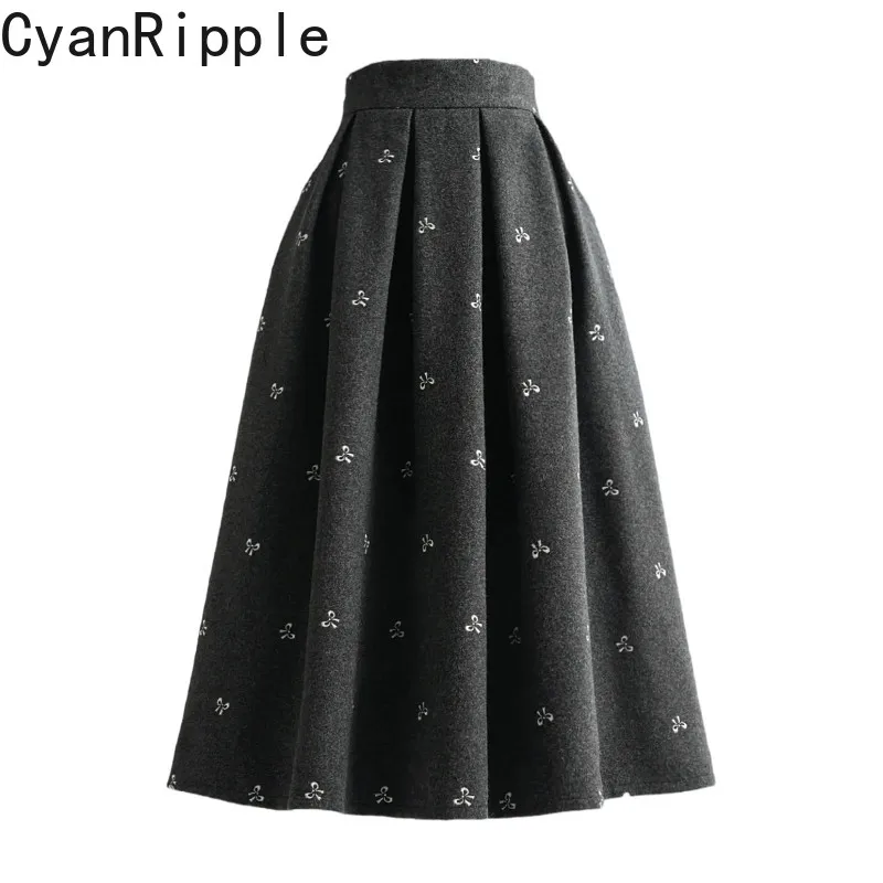 2026 New Autumn Winter Vintage Dark Gray Women Woolen Skirt Elegant High Waist Embroidery Bow Mid-length A-line Umbrella Skirts