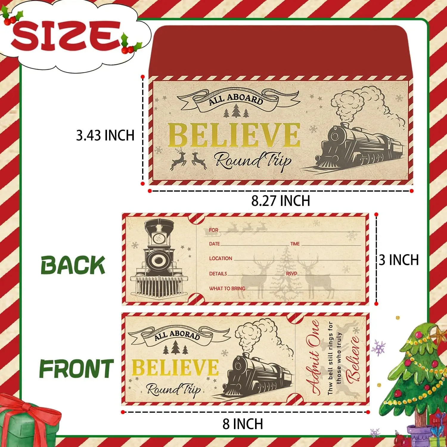 30 Set Christmas Polar Believe Ticket Invitations Letters with Envelopes 3x8 Inch-Bulk North Pole Train Tickets