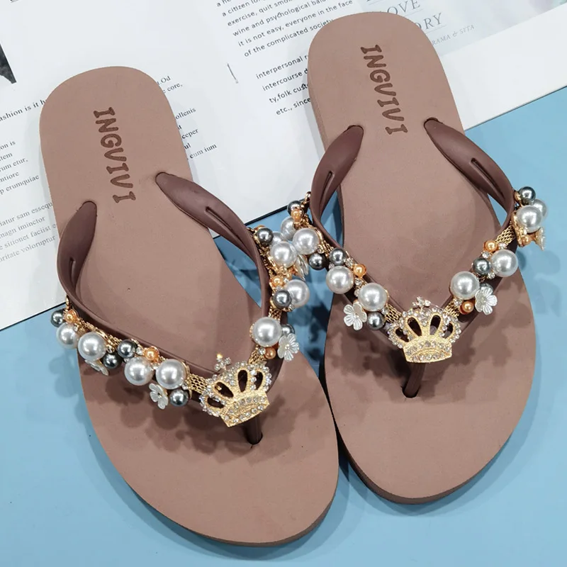 Summer Women Flip Flops Beach Vacation Slippers Pearls Sides Sandals 1.5 CM Flat With Soft Casual Shoes For Female