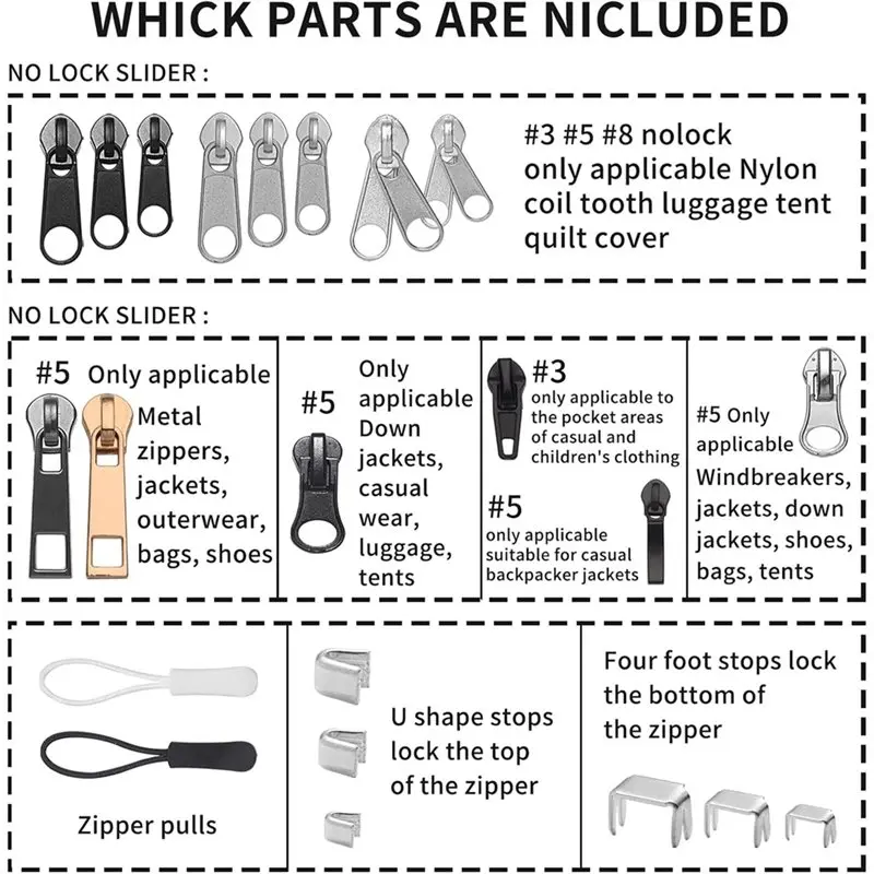 Kit de réparation de fermeture éclair tendance 2025 (380 pièces)-pour vêtements, vestes, bottes, sacs à dos pour sac à dos de remplacement coulissant 3 5 8