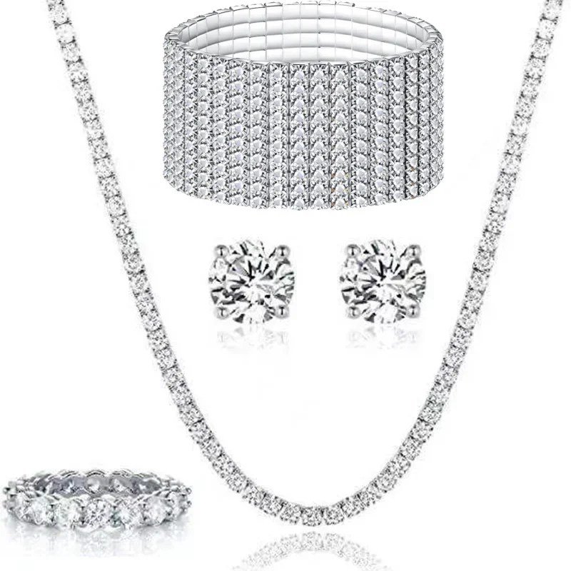 New Women's Earrings Necklace Bracelet Ring 4 Piece Jewelry Set 10 Row Diamond Adjustable  Shiny Zircon Bridal