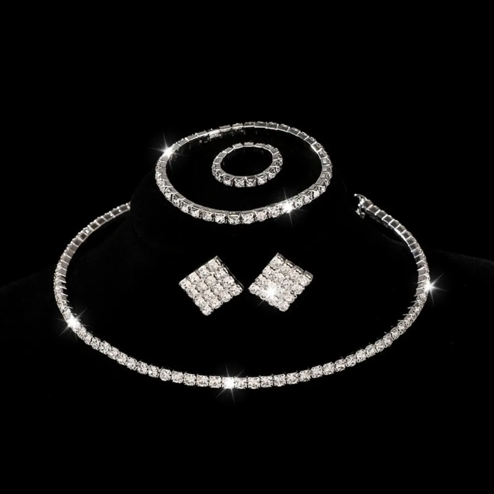 4Pcs Earring Bridal Jewelry Set Shiny Multilayer Necklace Bracelet Earring Ring Set Silver Comfortable To Wear Rhinestone Choker