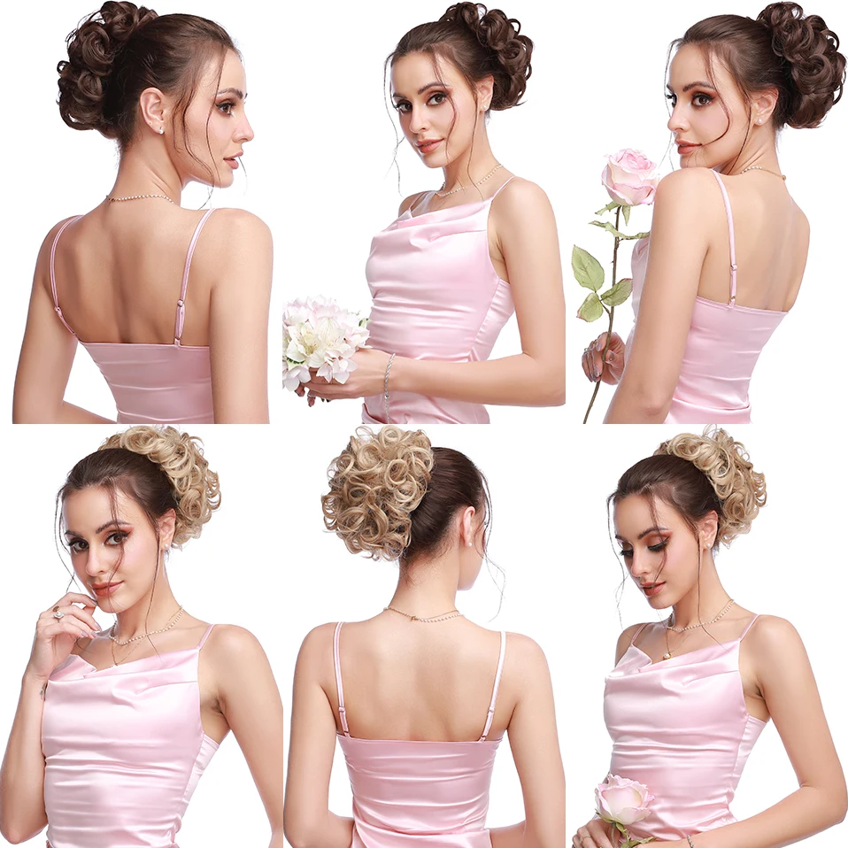 Snoilite Synthetic Hair Bun Brown Blonde Curly Chignon Messy Bun Comb Clip In Hair Extension Updo Chignon Hairpieces For Women