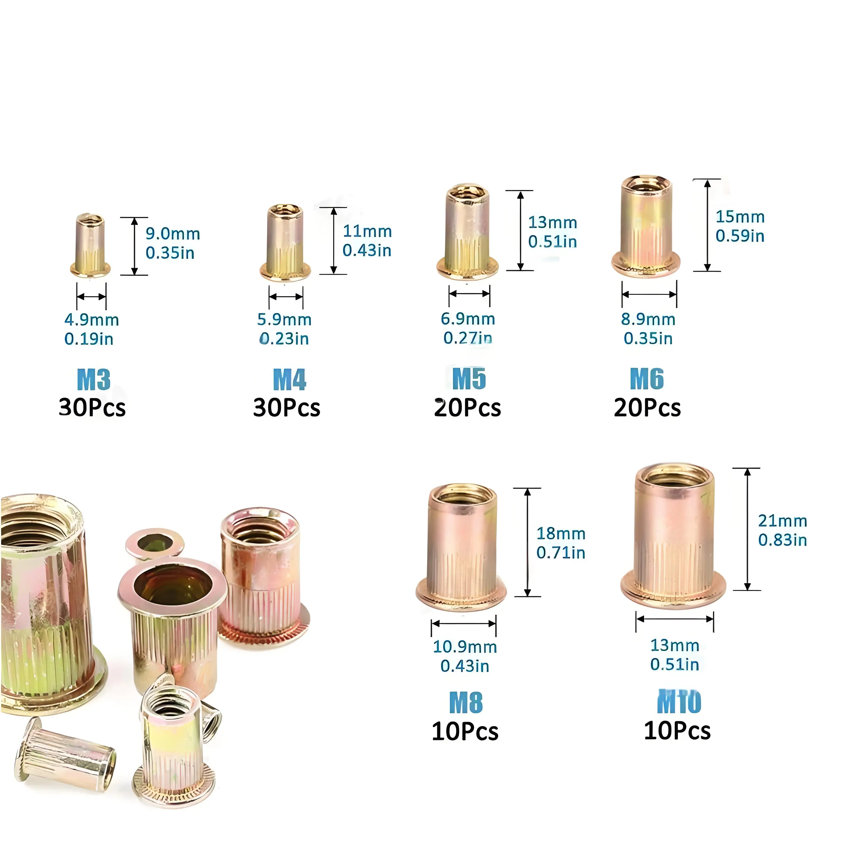 120 pz set Misto 304 dado rivetto in acciaio inossidabile M3 M4 M5 M6 M8 M10 Dado in acciaio al carbonio a testa piatta filettato Kit dado inserto