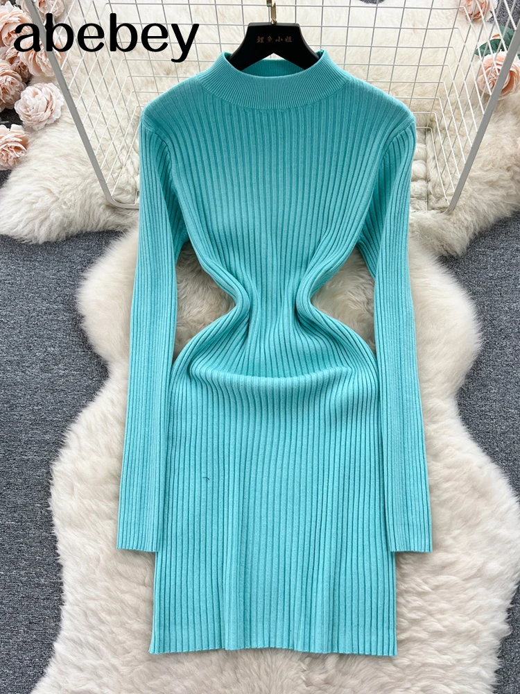 Women Autumn Knitted Dress Half Collar Neck Sexy Slim Elastic Basic Bodycon Sweater Dress Winter knit Warm Mini Dress