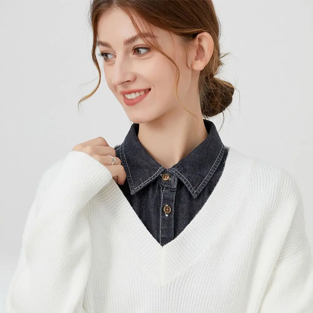 

Denim Fake Collar Faux Blouse False Detachable Half Shirt Lady Leisure Lace Shirts Washable Fashion Women Wear