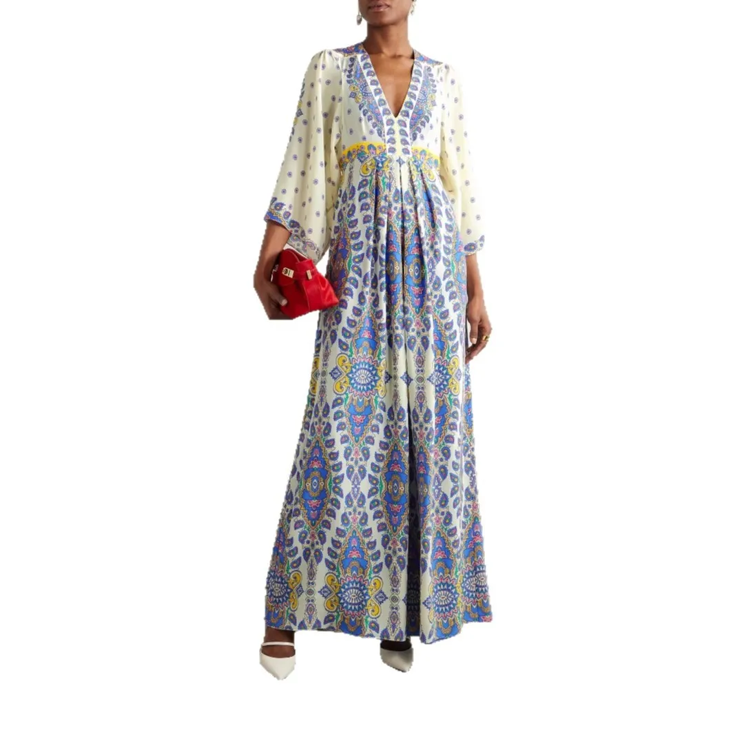 

2025 New Fashion Printed Long-sleeved Dress Women Summer Casual Loose Bohemian Vacation V-neck Long Dresses For Women