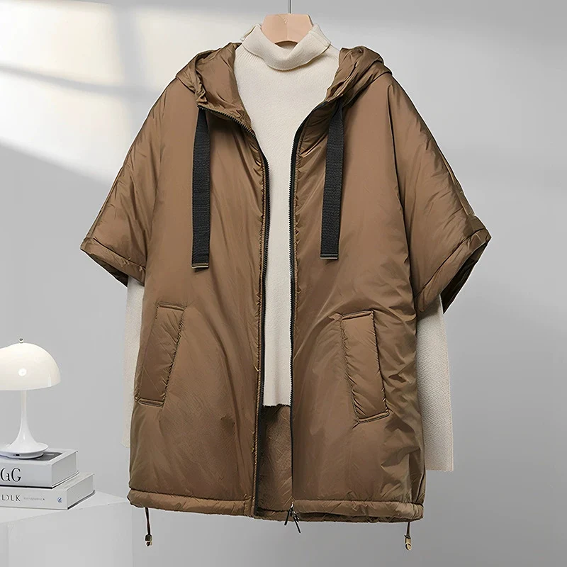 Modische 2026 Neue Damen Kamel-Daunen Cape-Weste mit Kapuze, Lose Ärmellose Weste, Einfarbig, Trendige Herbst-Winter-Jacke