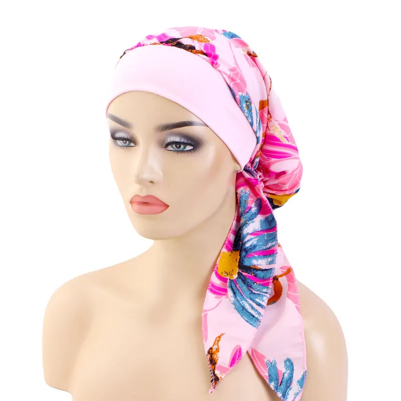 Women Printed Pre-tie Headscarf Elastic Muslim Female Turban Cancer Chemo Hat Hair Loss Cover Head Wrap Headwear Stretch Bandana