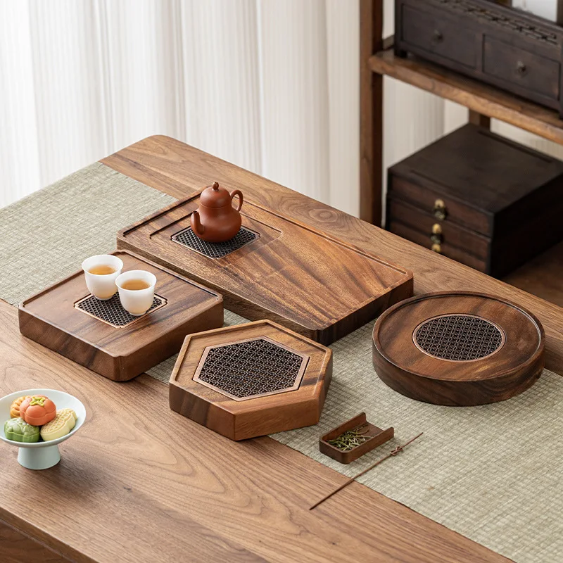 Walnut Tea Tray Kung Fu Tea Tray Solid Wood Dry and Wet Hollow Storage Water Drainage Portable Outdoor Bubble Tea Wooden Tray