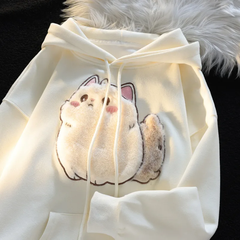 Autumn Japanese Kawaii Flock Embroidery Cartoon Cat Patchwork Hooded Sweatshirt Kangaroo Pocket Baggy Casual Loose Streetwear